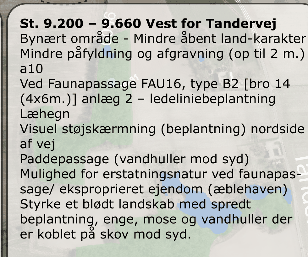Udsnit af Landskabsstrategiens tiltagsliste for strækningen St. 9.200-9.660 "Vest for Tandervej". Blandt de opregnede tiltag står "Visuel støjskærmning (beplantning) nordside af vej".