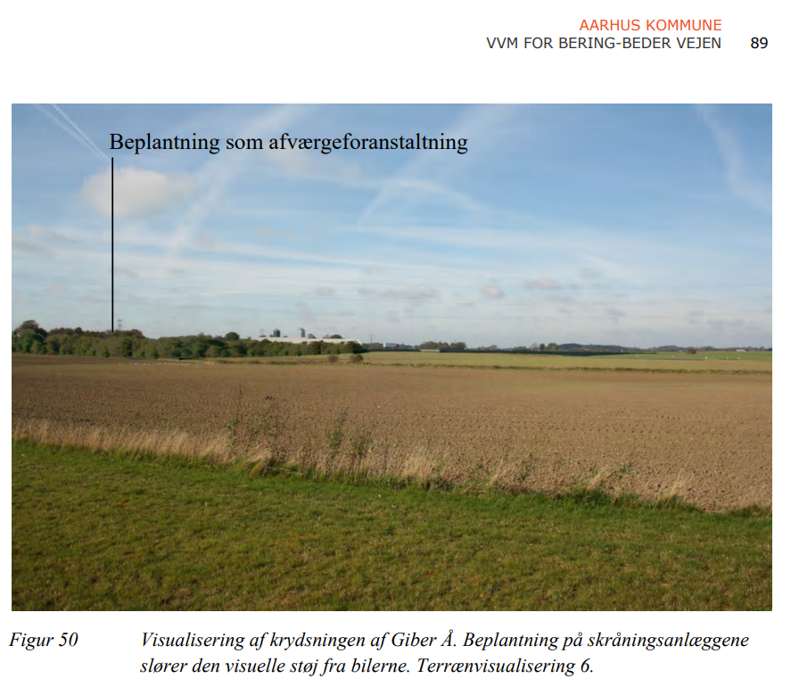 Terrænvisualisering fra VVM-redegørelsen af krydsningen ved Giber Å, hvor beplantning på skråningsanlæggene skjuler vejen. Billedet er påført teksten "Beplantning som afværgeforanstaltning".