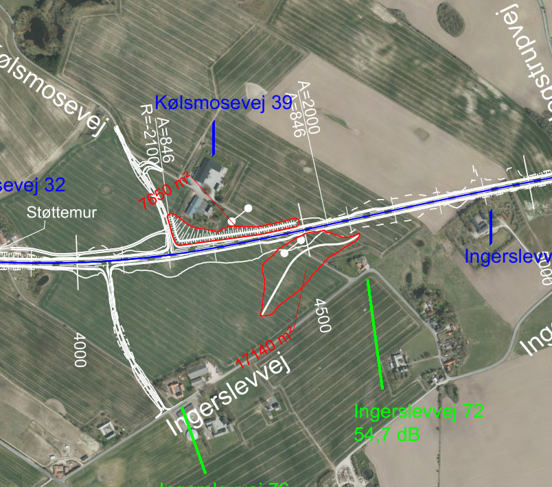 Kortudsnit ved Kølsmosevej og Ingerslevvej med et rødt areal nord for vejen, påtegnet 7650 m², og et større rødt areal syd for vejen, påtegnet 17140 m².