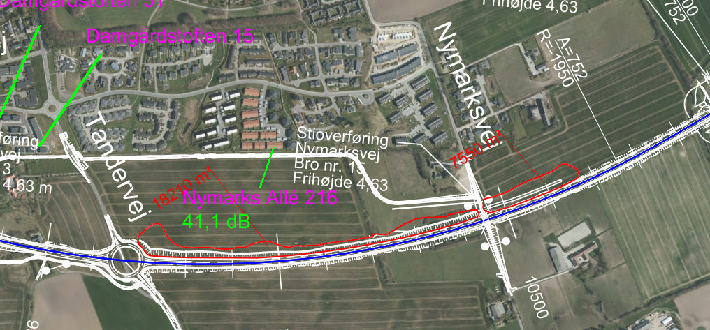 Kortudsnit mellem Tandervej og Nymarksvej med et langt, smalt rødt areal nord for vejen, påtegnet 18210 m².